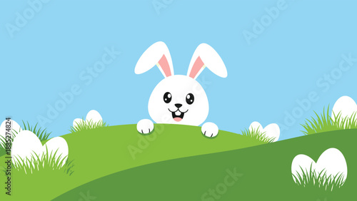 Cute easter bunny peeking over green hill with white eggs hidden in grass under clear blue sky for springtime holiday background.