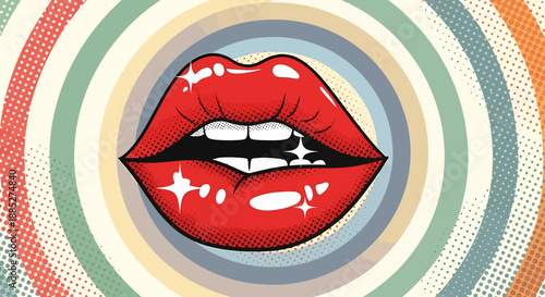 Bold red lips with a white sparkle on a retro-inspired, colorful, circular background, creating a vibrant and playful visual