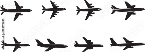 Collection of various airplane silhouettes in flight side views