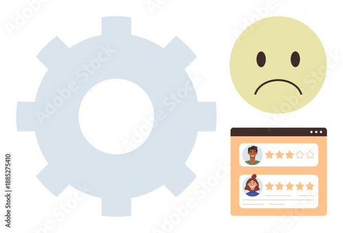 Customer feedback, user experience, online reviews, process improvement, dissatisfaction, service quality. Gear icon, sad face emotion and rating platform. User experience and online reviews concept