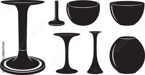 Collection of black silhouettes of various tableware and stands