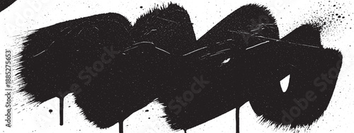 Abstract black paint brush strokes with drips and splatters on white background.