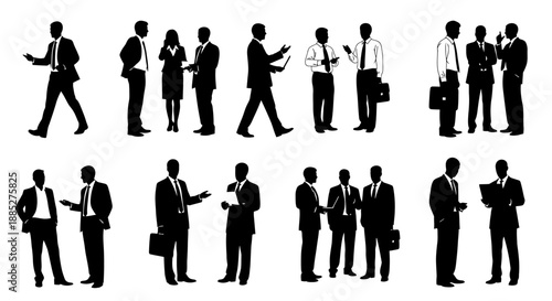 Silhouettes of business people in various poses, conveying professionalism and collaboration in a corporate setting