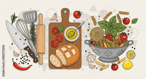 Culinary Delights A Vibrant Assortment of Fresh Ingredients and Kitchen Tools for Food Preparation