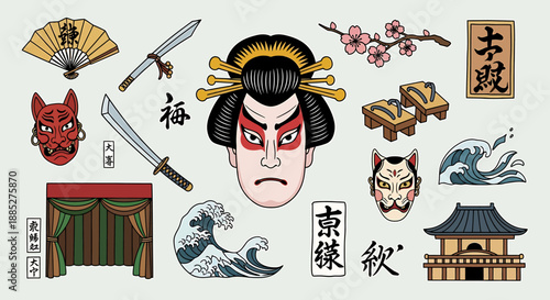 Traditional Japanese Kabuki Mask and Cultural Icons Collection