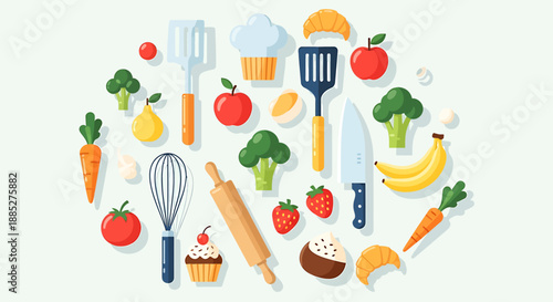 Diverse collection of kitchen utensils and fresh ingredients arranged in a circular pattern on a light background, perfect for culinary themes and food blogs