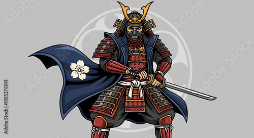 Dynamic illustration of a formidable Japanese samurai warrior in full traditional armor, brandishing a gleaming katana sword, epitomizing ancient feudal strength and cultural honor