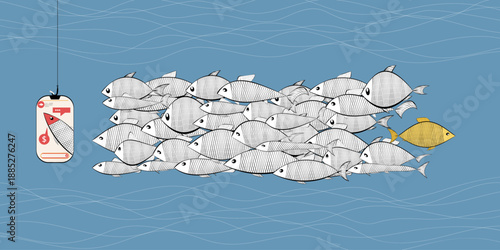 social networks influencer, politicians  propaganda, blogging, live streaming, manipulation, online, sales. Abstract society Opinion leadership active media user, fish and hook.