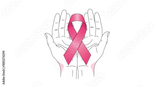 Hands cradling a pink breast cancer awareness ribbon symbol on white background for support and health campaign