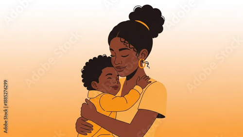 Warm illustration of a mother embracing her child at sunset with a gentle loving expression on their faces