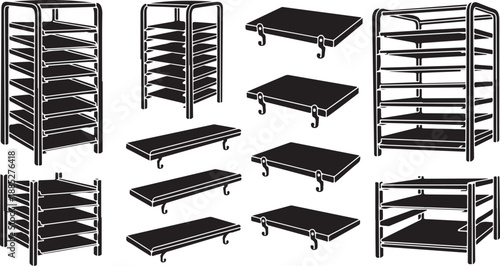 Collection of metal baking racks and trays on wheels