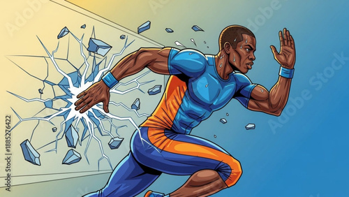 Athlete breaking through wall with dynamic motion and determination