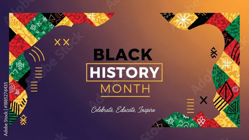 Black history month celebration poster with colorful african patterns and inspirational text on a gradient background