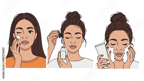 Vector illustration of a woman applying skincare products, showcasing a routine for healthy skin