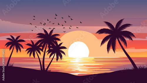 Beautiful Sunset Over The Ocean With Palm Trees - Vector Illustration