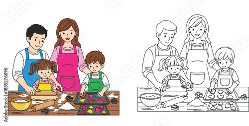 Happy cartoon family baking heart cookies in kitchen, vector illustration with color and black and white outline version for coloring book