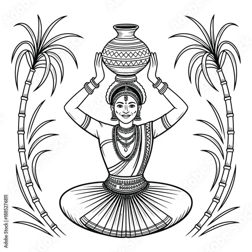 Woman in traditional Indian dress holding pot on head, seated pose, flanked by sugarcane stalks, ethnic attire, cultural depiction