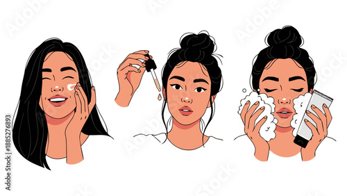 Vector illustration of a young woman performing a three-step skincare routine including applying cream, serum, and washing her face with foam