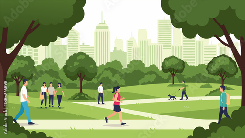 Urban park vector illustration of people enjoying leisure time in a green city landscape
