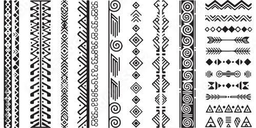 Collection of ethnic tribal seamless borders and patterns in black and white.