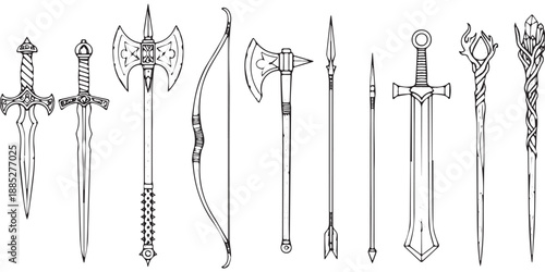 Collection of Fantasy Weapons and Magical Staves.