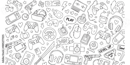 Collection of Gaming Icons and Symbols in Doodle Style.