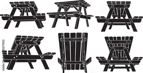 Black Wooden Picnic Table and Chair Set Illustrations