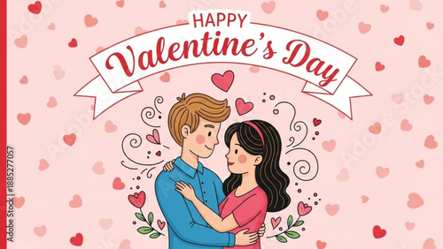 Loving couple embracing on valentine's day with hearts and flowers on pink background