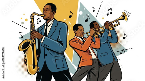 Three jazz musicians playing saxophone and trumpets with musical notes around them in vibrant suits