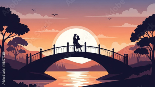 Couple dancing on bridge at sunset with serene landscape and vibrant sky