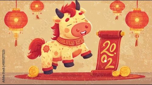 Cute Ox Character Dancing with Chinese Lanterns and Scroll for 2022 New Year Celebration