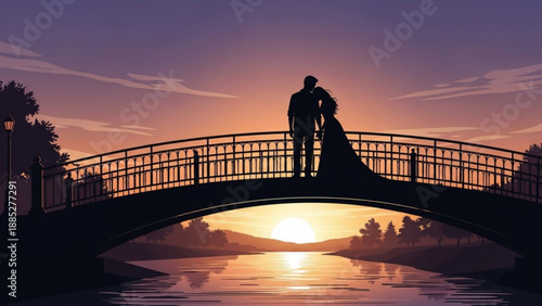 Romantic couple silhouette on bridge at sunset over water with reflections