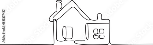 Simple line drawing of a house with chimney and windows
