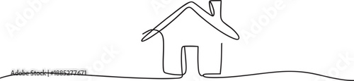 Simple line drawing of a house with roof and chimney on ground