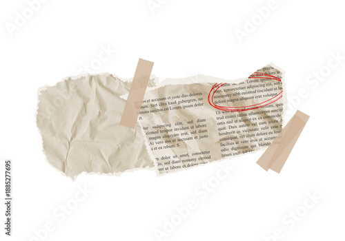 Torn newspaper article vector piece. Vintage ripped note texture with sticky adhesive tape for news collage. Crumpled paper clipping frame element with red scribble round underline