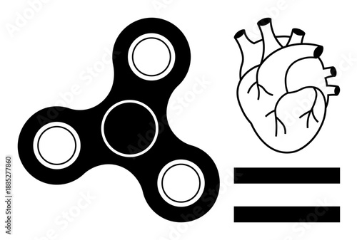 Fidget spinner and detailed human heart illustration connected by an equality symbol. Ideal for health, balance, gaming, stress relief, emotions, mindfulness, education, simple flat metaphor