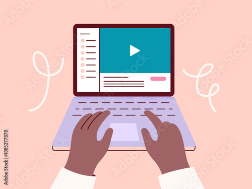 Online education and e-learning concept. Student studying at laptop. Digital learning and modern education. Vector flat illustration with colorful background.