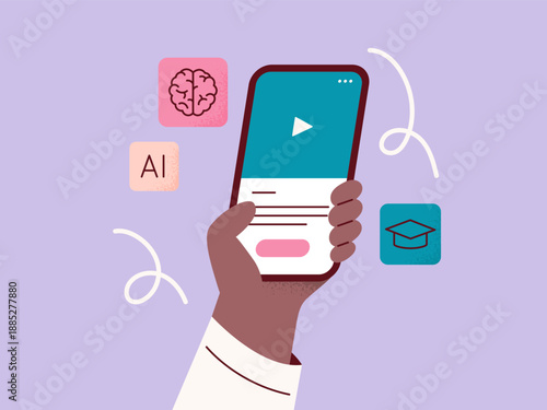 Online education and e-learning concept. Student studying at phone. Digital learning and modern education. Vector flat illustration with colorful background.
