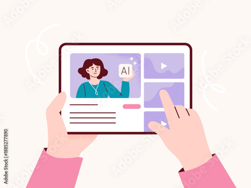 Online education and e-learning concept. Student studying at tablet. Digital learning and modern education. Vector flat illustration with colorful background.