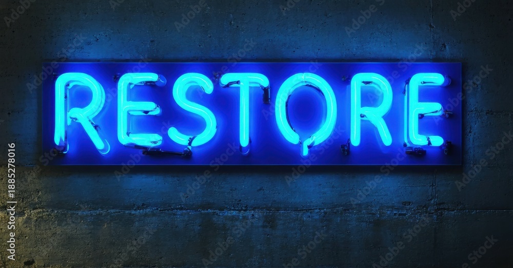 Obraz premium Bright neon sign spells RESTORE against textured concrete wall. Blue light dominates dark background, creating dramatic effect.