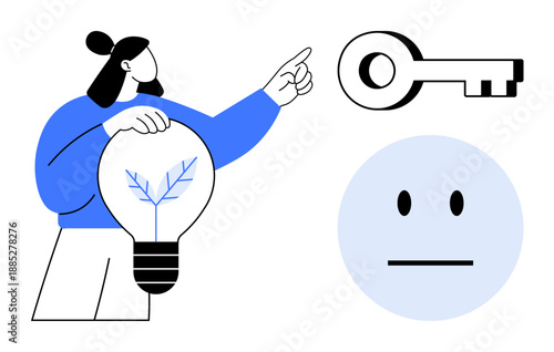 Innovation, problem solving, emotional connection, personal growth, intellectual property, decision making. Female figure holding a light bulb, key and neutral face. Innovation and problem solving