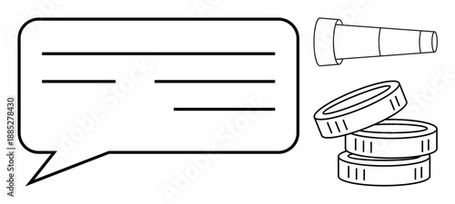 Communication, finance, exploration, discussion, future growth, discovery. Image shows a speech bubble, telescope and stacked coins. Communication and finance concepts