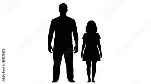 Silhouette of a tall man and a short girl standing side by side.