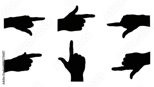 Set of Six Black Hand Gestures Pointing Direction.