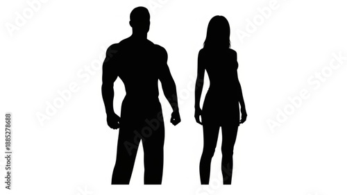 Silhouette of a muscular man and a woman standing side by side.
