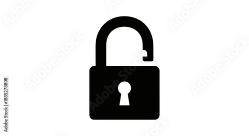 Simple black silhouette icon representing an unlocked padlock with the shackle open suggesting access granted or successful security release in a clean design