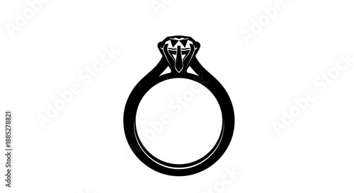 Simple black and white silhouette icon representing a classic solitaire diamond engagement ring symbolizing commitment and everlasting love for jewelry design
