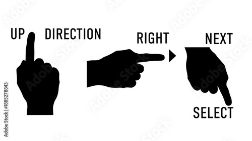 Human hand gestures indicating direction and selection.