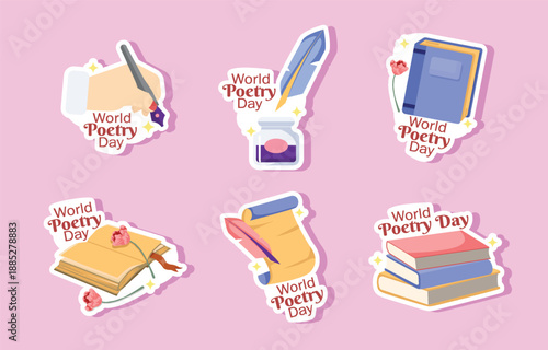 World poetry day illustration of books quills and inkwells on pink background