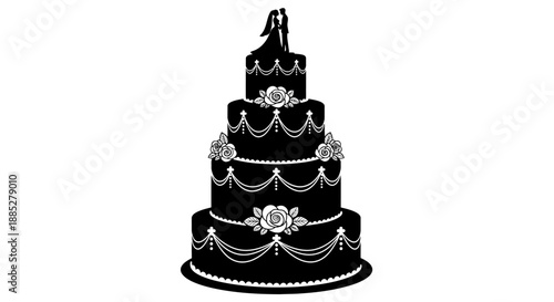 Silhouette illustration of an elegant four tier black wedding cake adorned with detailed white roses and a romantic bride and groom topper design